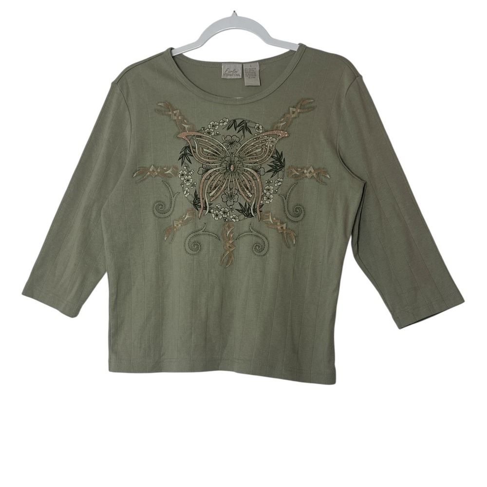 Vintage Fiorlini International Top Womens Large Olive 3/4 Sleeve Butterfly Y2K‎